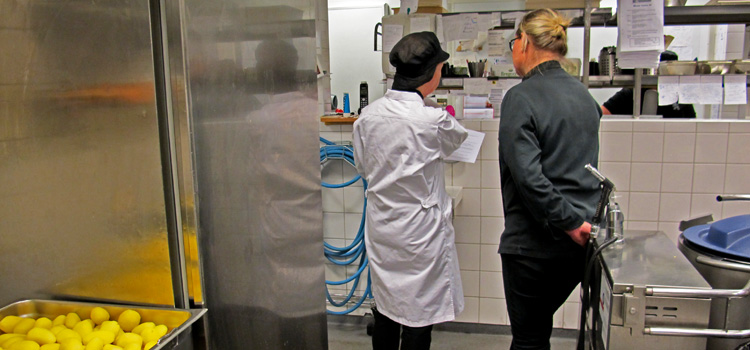 Bild på två personer, livsmedelsföretagare och miljöinspektör som tittar i ett kontrollkort vid en livsmedelskontroll.