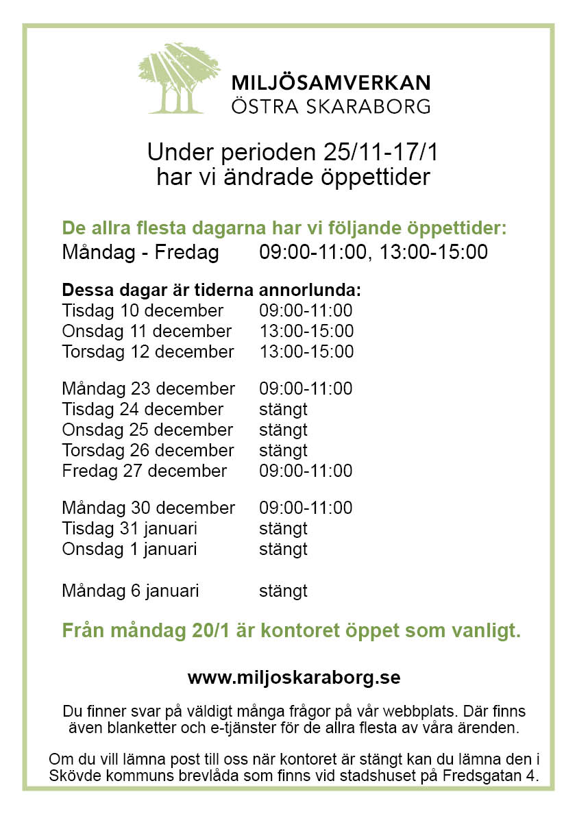 Öppet-tider En bild med alla öppettider beskrivna. Samma information finns även i text.