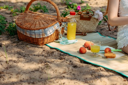 Sommarpicnic på stranden med färska frukter och juice